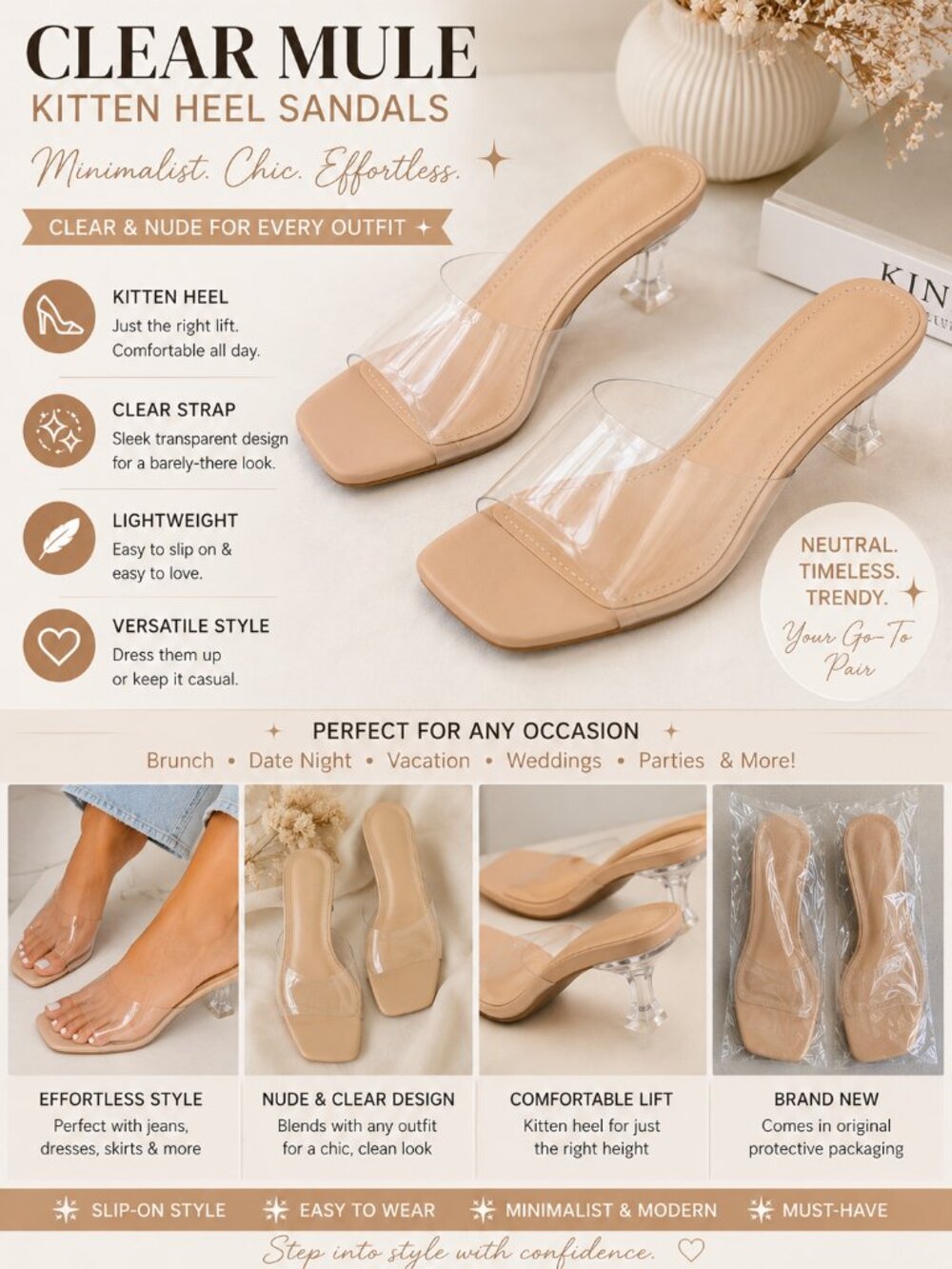 Clear Kitten Heel Mule Sandals Nude Beige Transparent Strap Square Toe Slip On